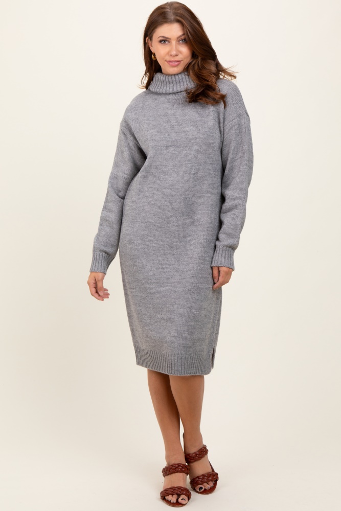 heather grey turtleneck side slit midi sweater dress