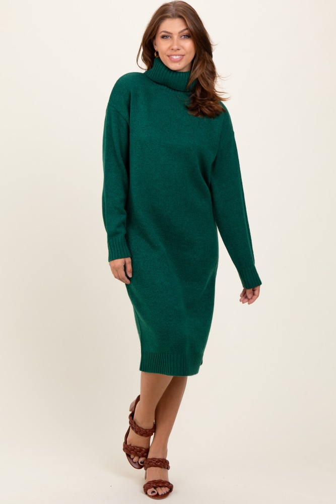 forest green turtleneck side slit midi sweater dress