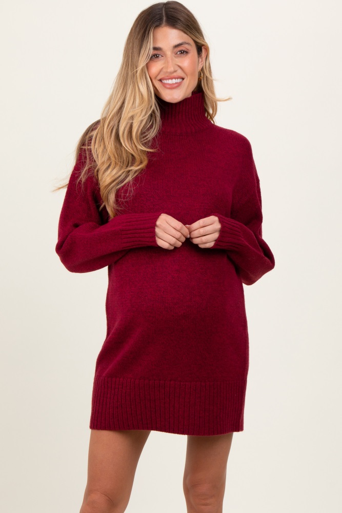 burgundy turtle neck maternity mini sweater dress