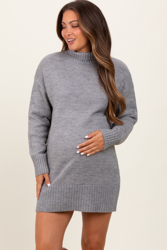 heather grey turtle neck maternity mini sweater dress