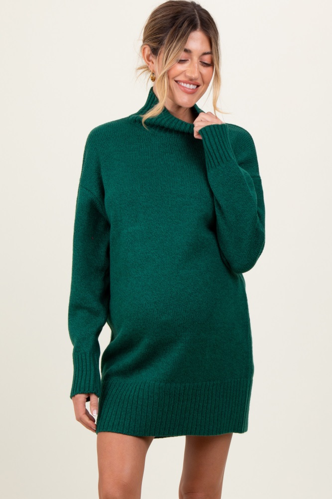 forest green turtle neck maternity mini sweater dress