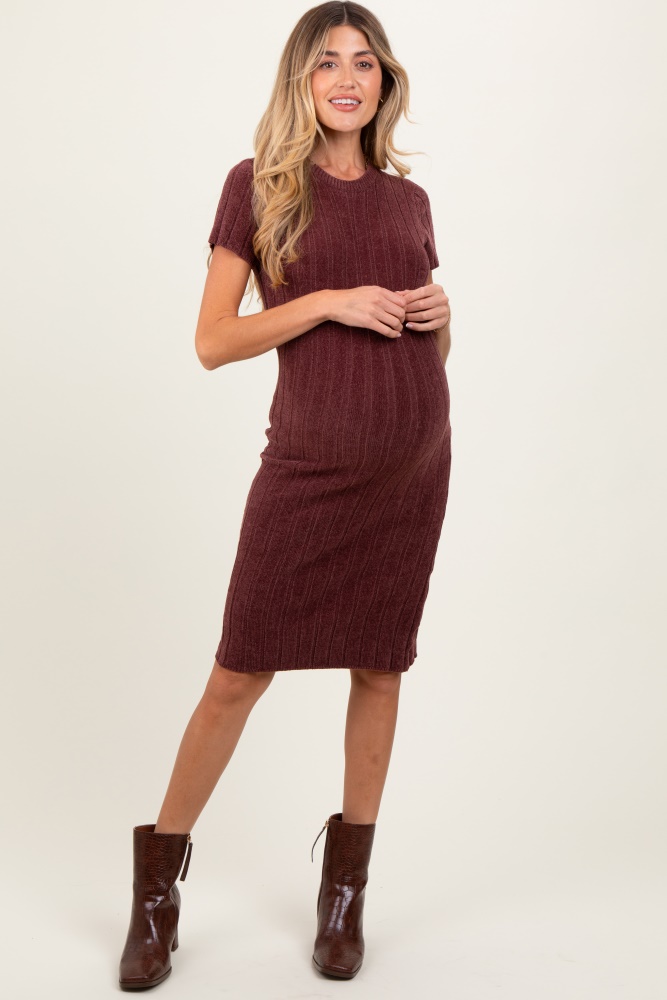 brown chenille knit short sleeve maternity sweater dress