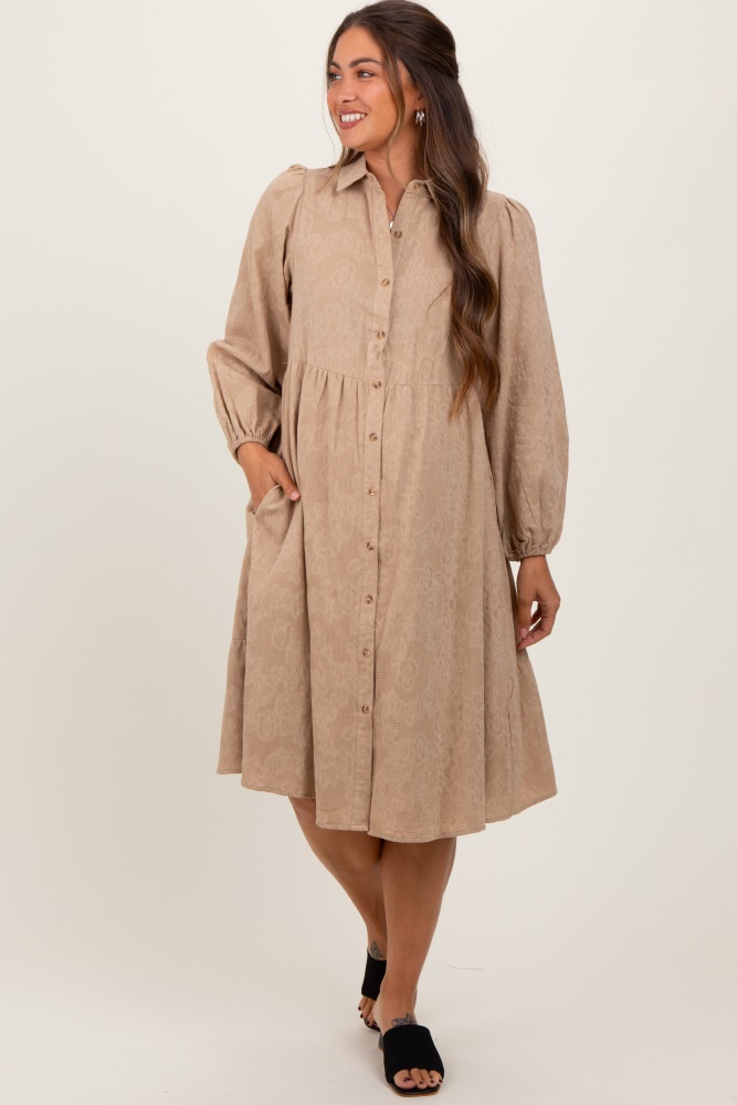 camel tiered button down maternity shirt dress