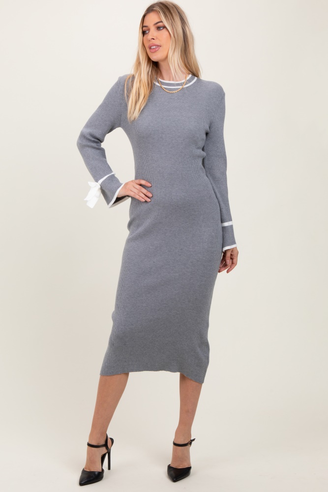 grey knit bow detail sleeve midi sweater dress