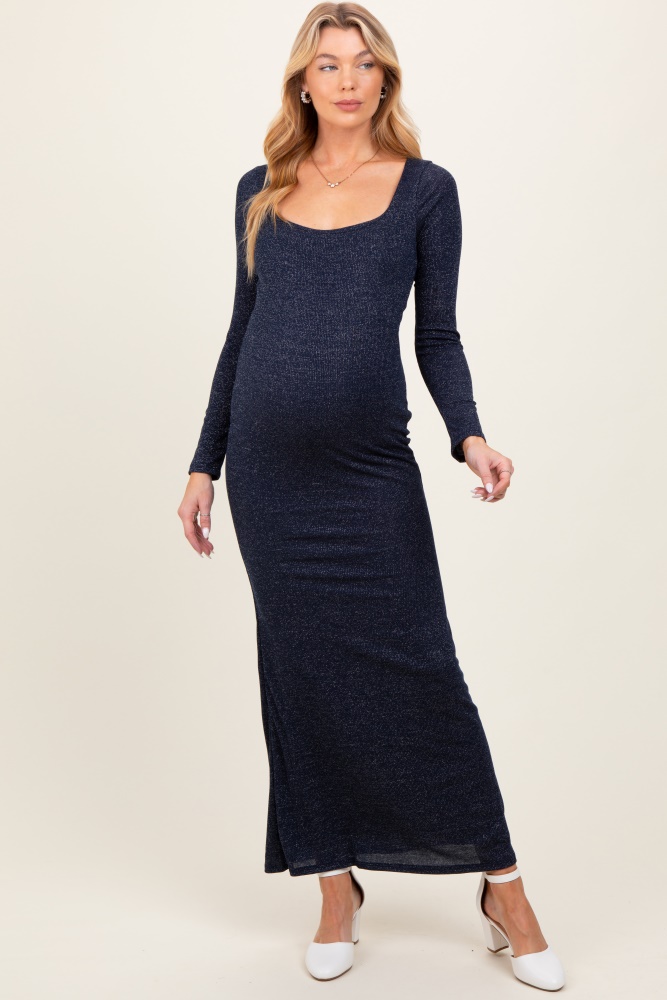 navy basic square neck long sleeve maternity maxi dress