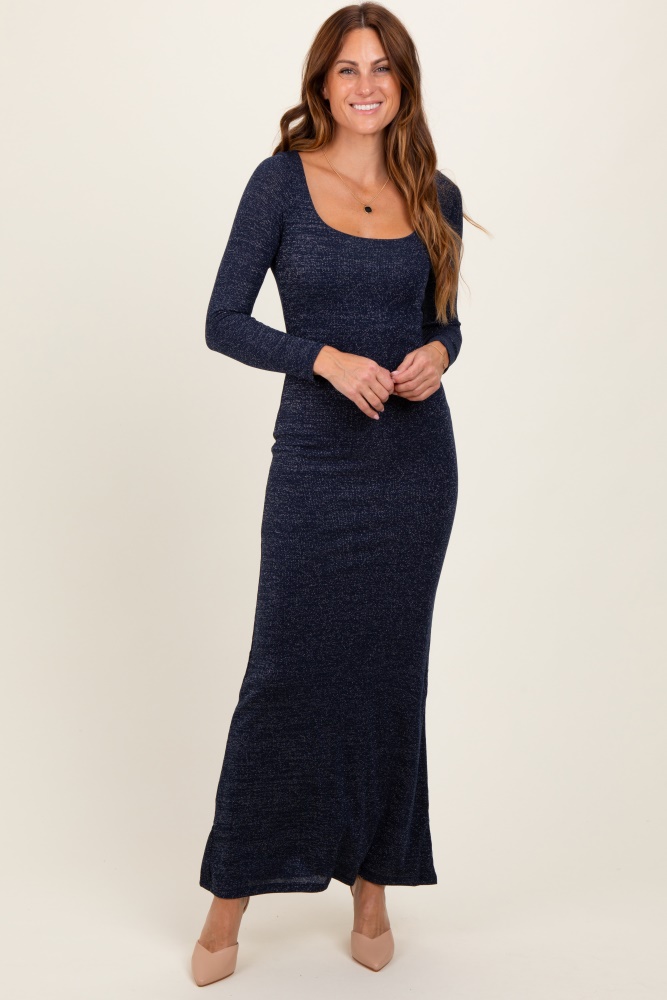 navy basic square neck long sleeve maxi dress