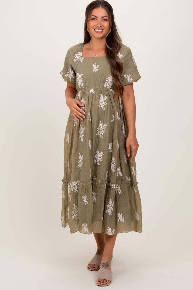 olive floral print ruffle hem maternity midi dress