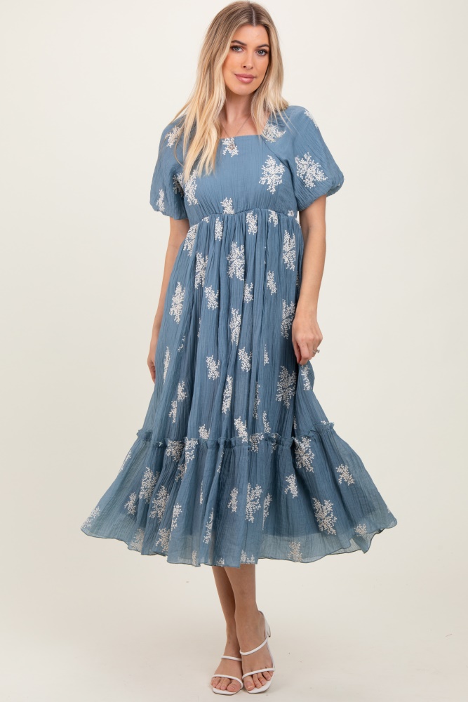 blue floral print ruffle hem midi dress