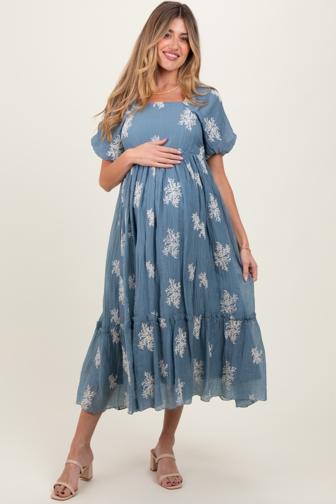 blue floral print ruffle hem maternity midi dress