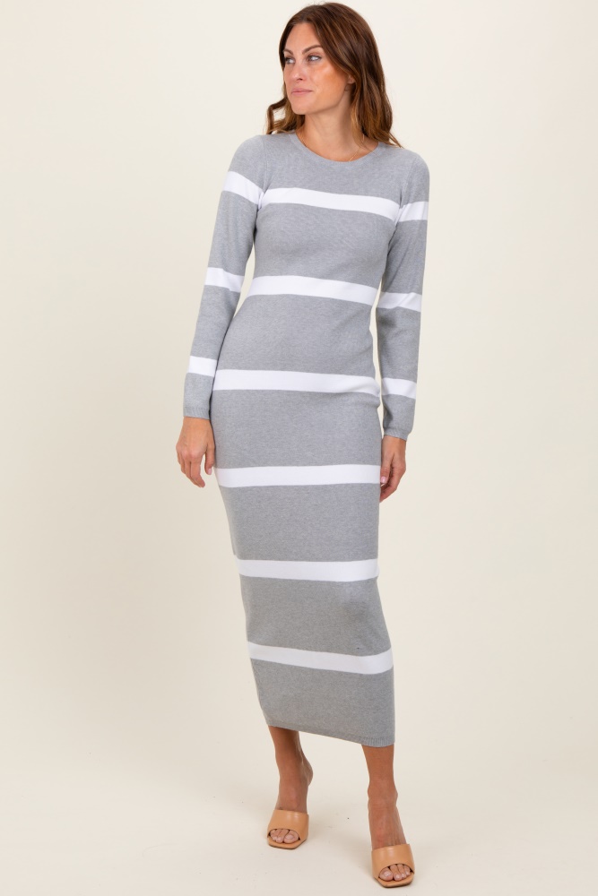 heather grey striped knit long sleeve midi sweater dress