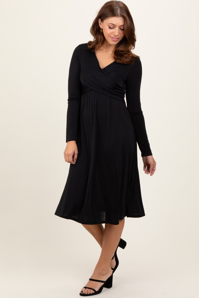 black crossover v-neckline long sleeve nursing dress