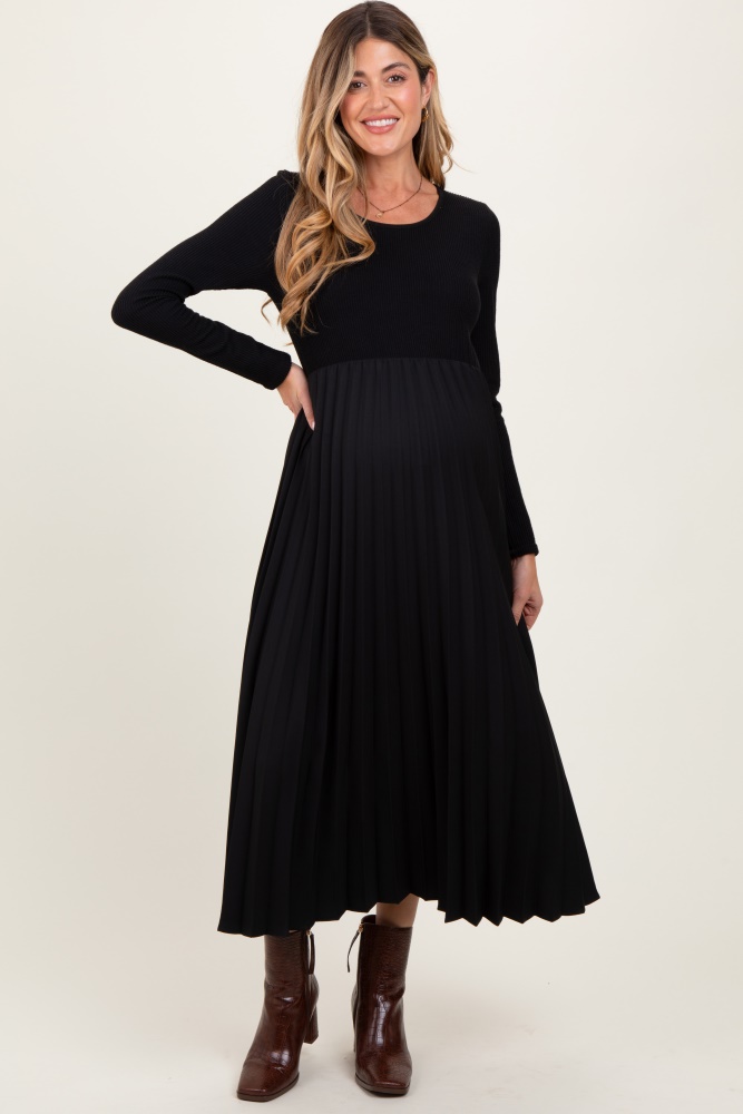 black knit contrast pleated skirt maternity midi dress