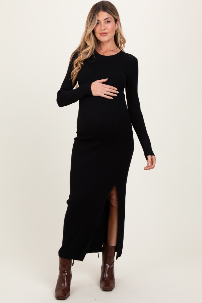 black ribbed knit long sleeve side slit maternity maxi dress