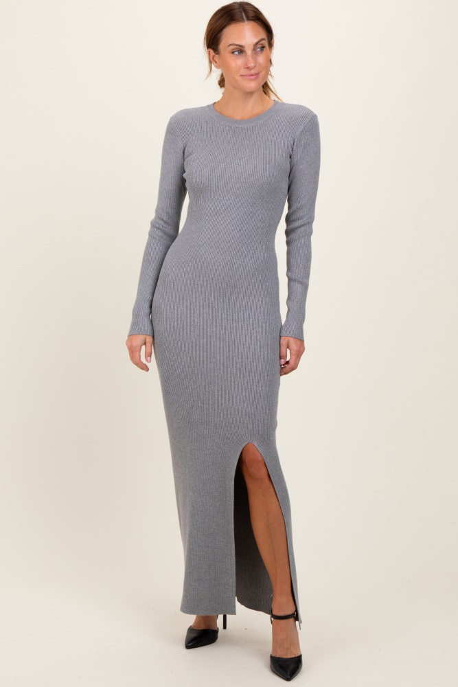 heather grey ribbed knit long sleeve side slit maxi dress