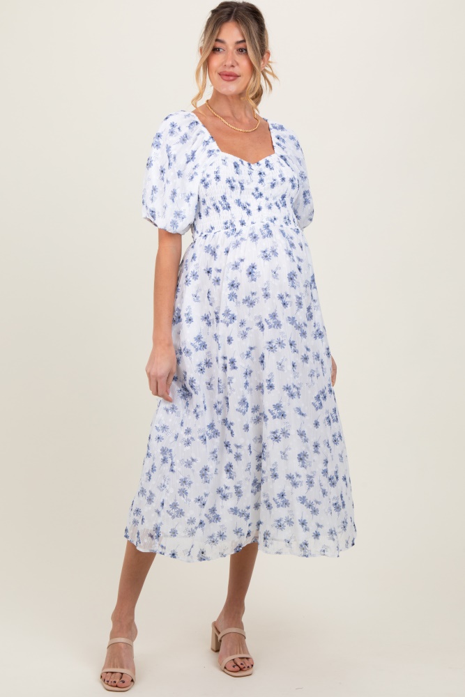 blue floral smocked bodice maternity midi dress