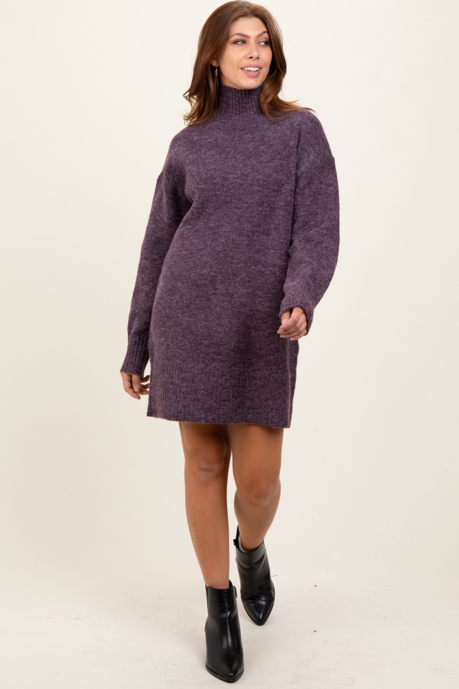 purple chunky knit turtleneck mini sweater dress