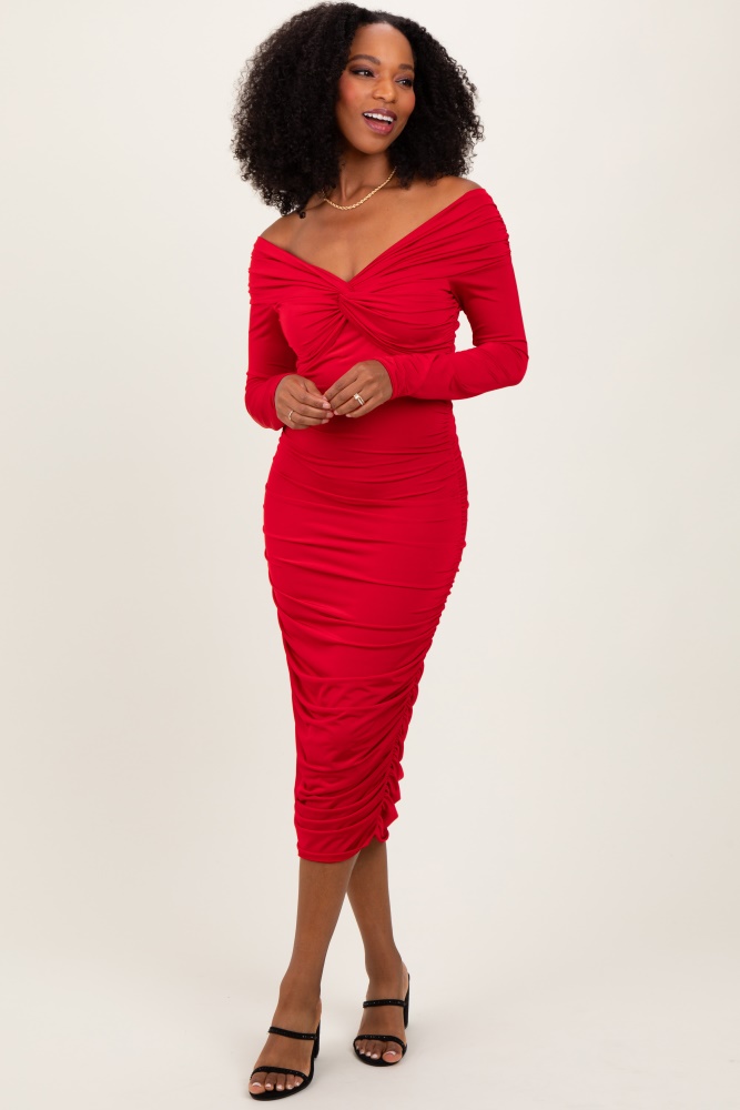 red off shoulder ruched long sleeve midi dress