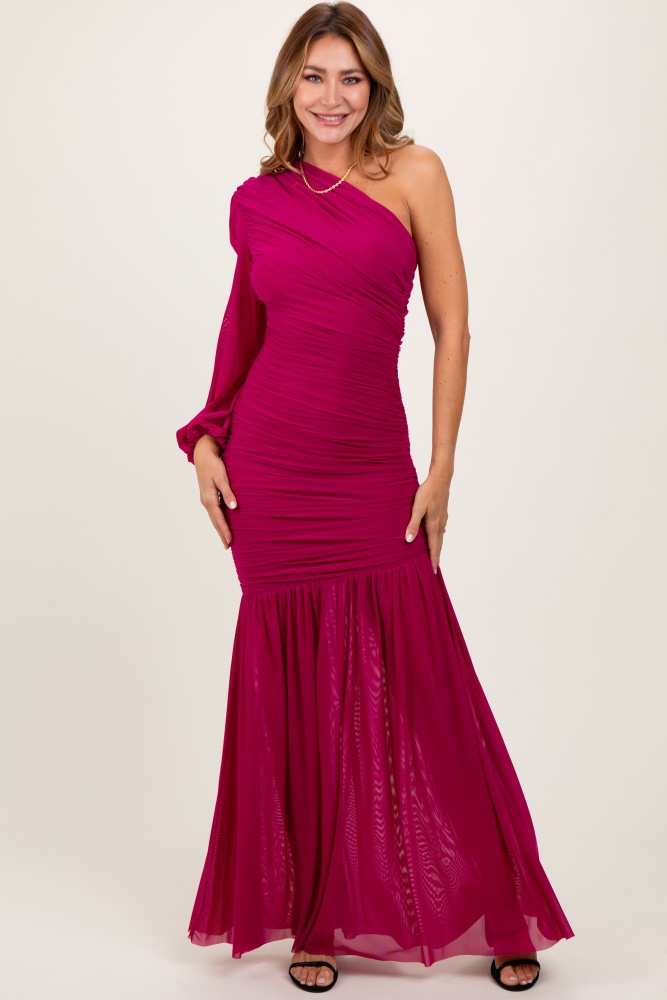 magenta ruched mesh one shoulder asymmetric maxi dress