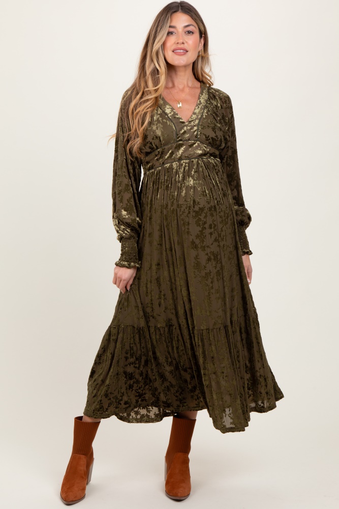 olive floral velvet overlay maternity maxi dress