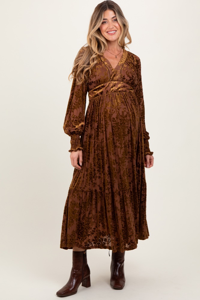 mocha floral velvet overlay maternity maxi dress