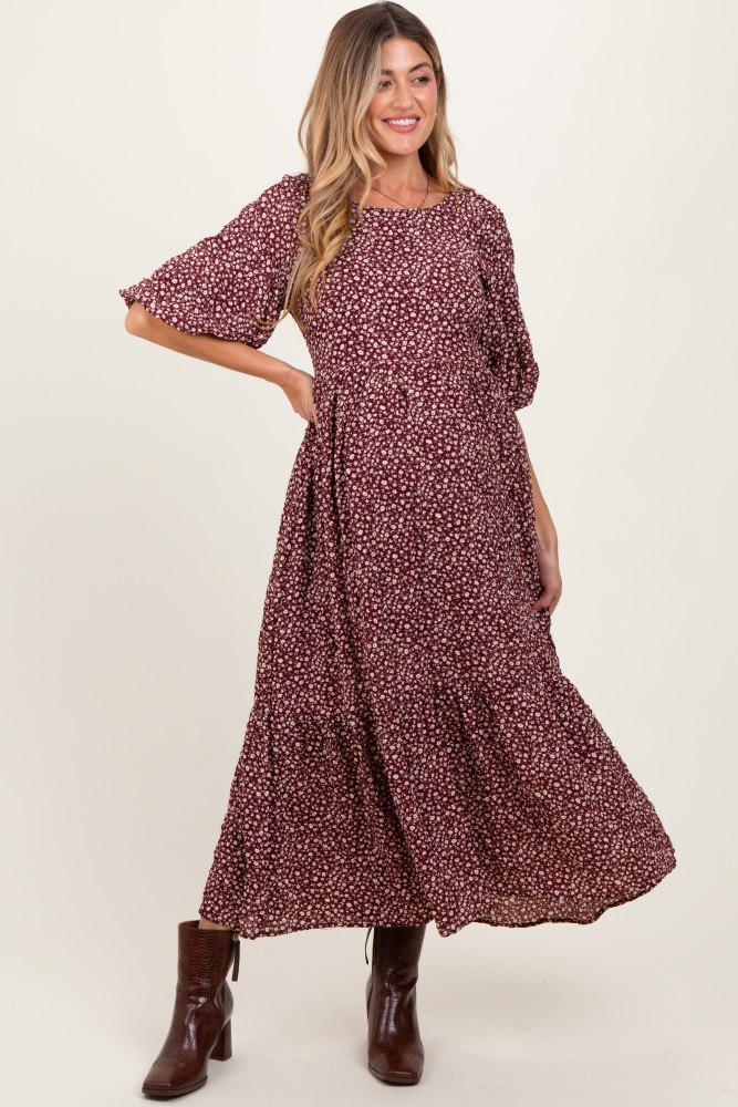 burgundy floral puffed short sleeve maternity maxi dress