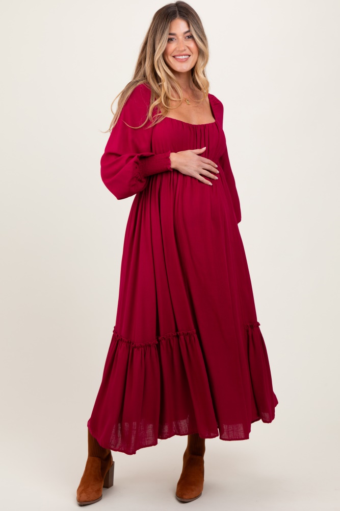 burgundy square neckline bubble sleeve maternity maxi dress