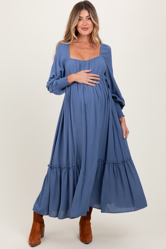 blue square neckline bubble sleeve maternity maxi dress