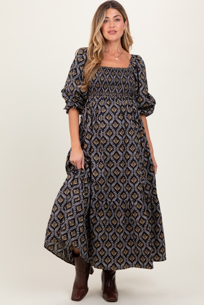 black damask print smocked maternity maxi dress