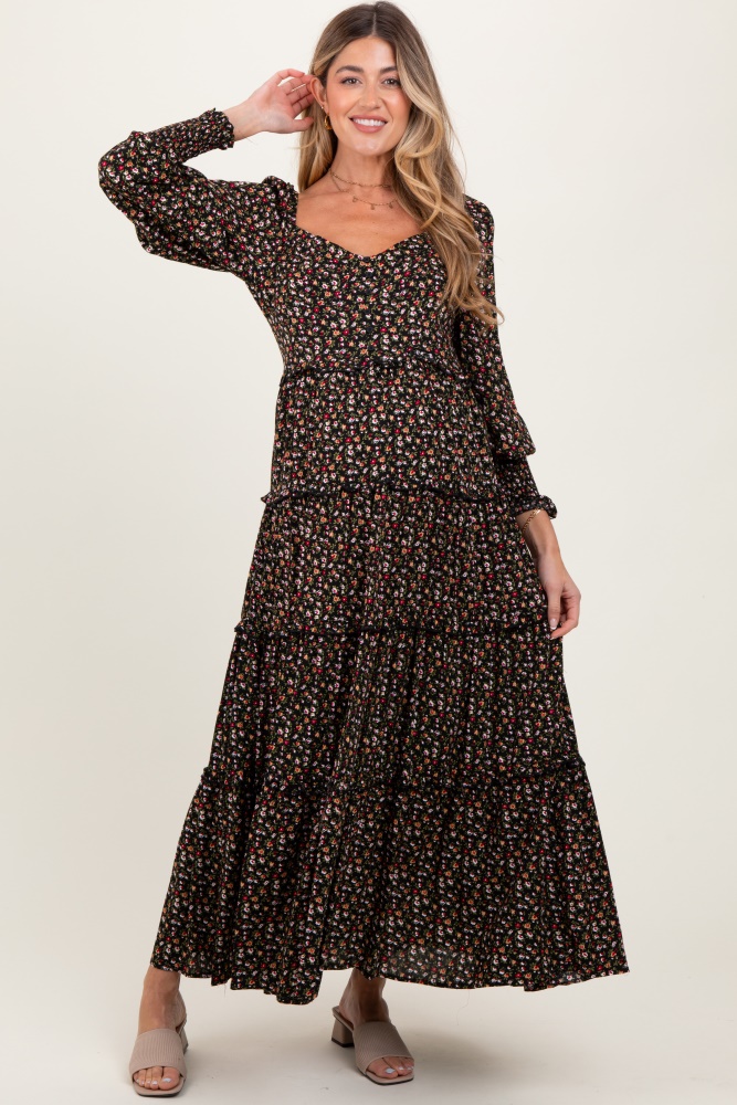 black floral button accent bodice tiered maternity maxi dress