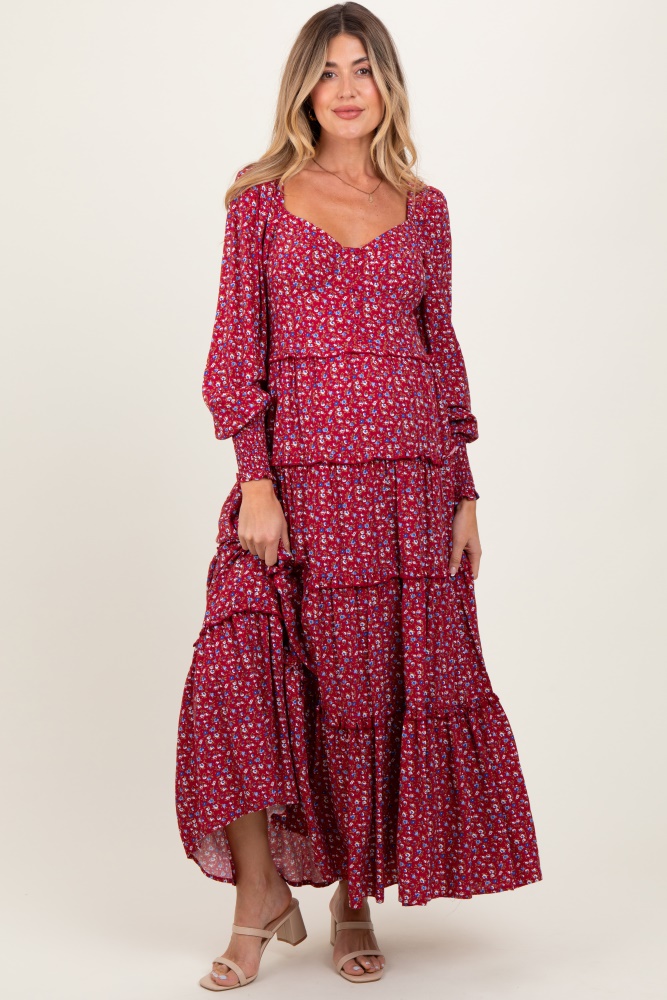 burgundy floral button accent bodice tiered maternity maxi dress