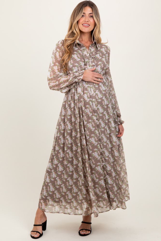 taupe floral chiffon ruffle accent button down maternity maxi dress