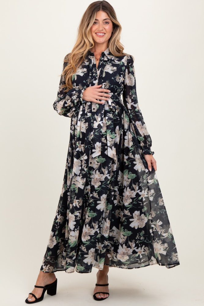 black floral chiffon ruffle accent button down maternity maxi dress