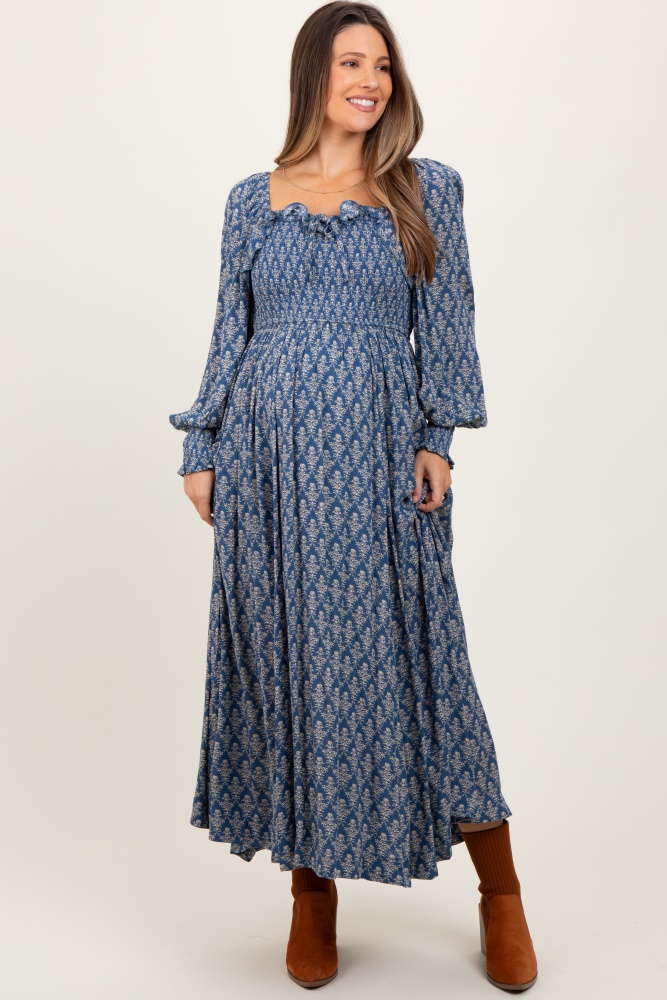 blue damask print smocked ruffle accent maternity maxi dress