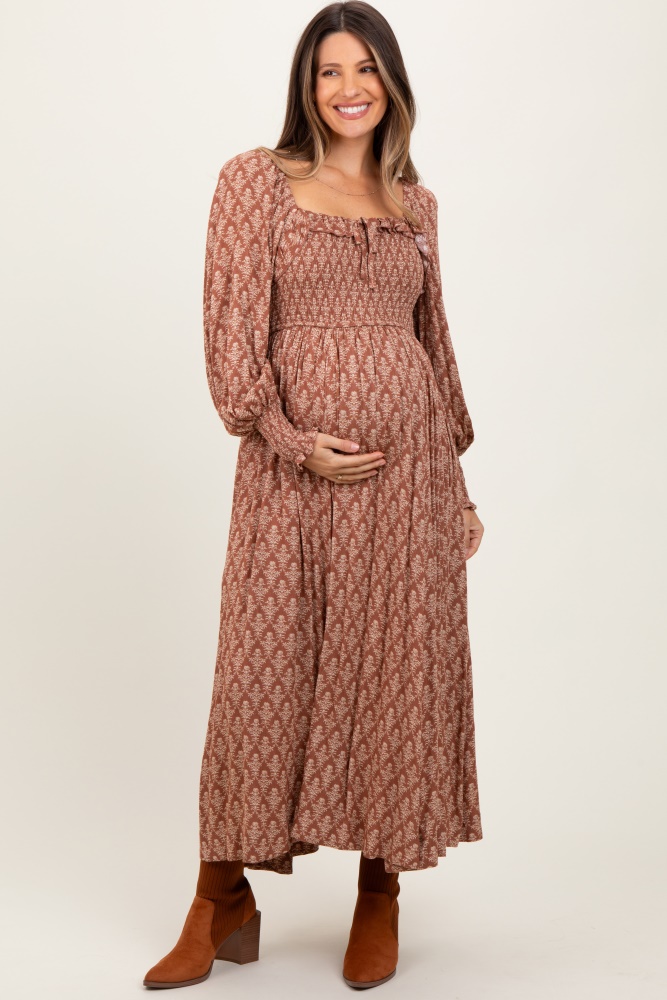 mocha damask print smocked ruffle accent maternity maxi dress