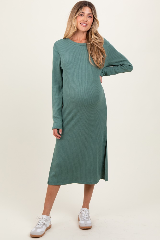 olive ribbed knit long sleeve side slit maternity midi dress