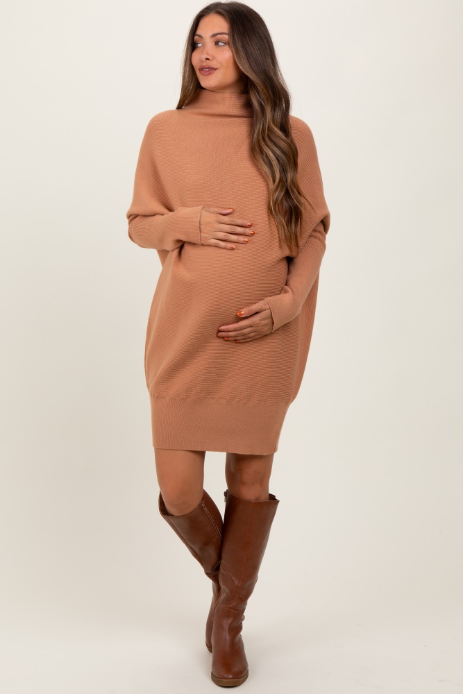 light camel funnel neck dolman sleeve maternity mini dress