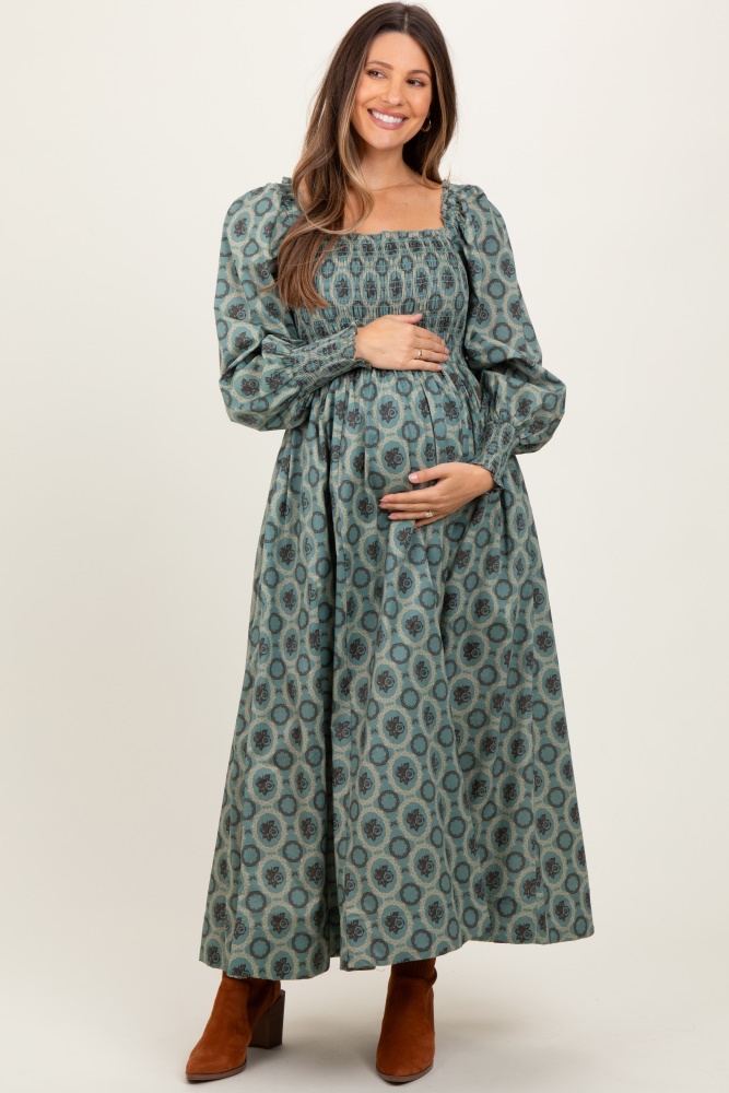 olive smocked printed square neck maternity maxi dress