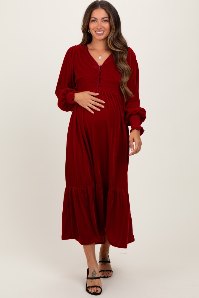 burgundy velvet button accent smocked sleeve maternity midi dress