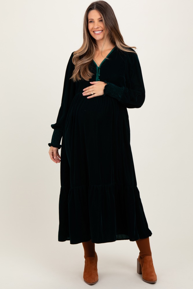 forest green velvet button accent smocked sleeve maternity midi dress