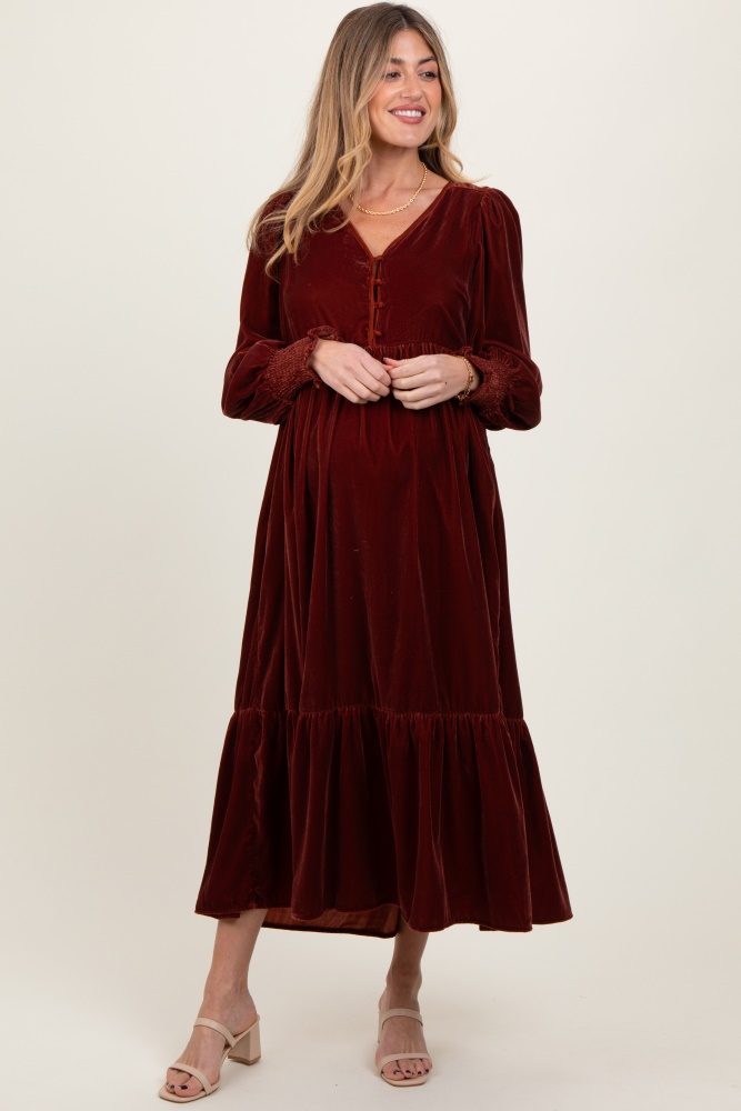 brown velvet button accent smocked sleeve maternity midi dress