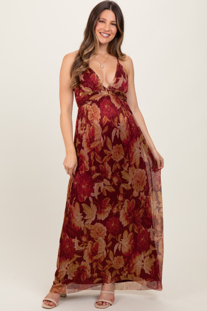 burgundy floral deep v-neck back cutout maternity maxi dress