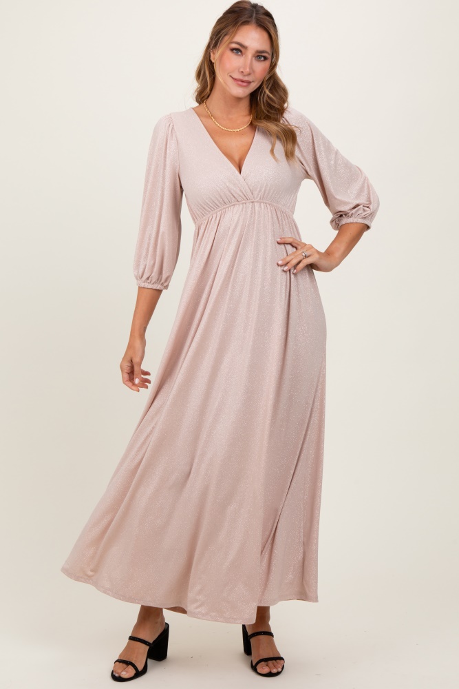 beige glitter v-neck maxi dress