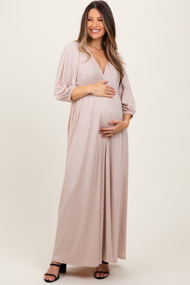 beige glitter v-neck maternity maxi dress