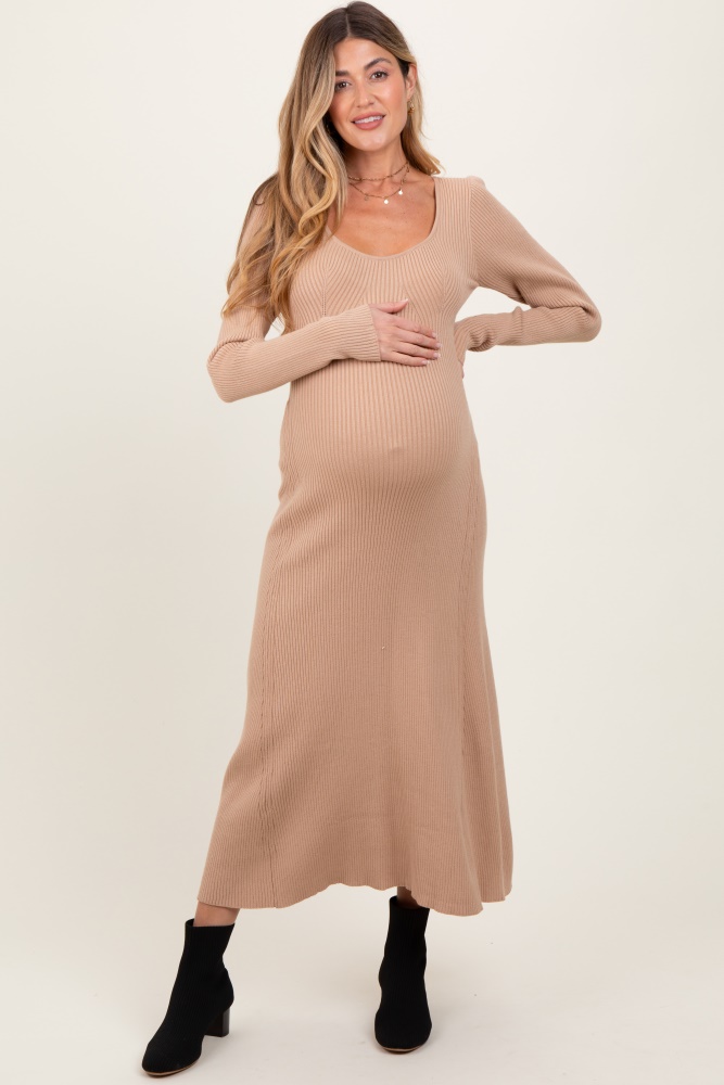 beige ribbed knit maternity maxi sweater dress