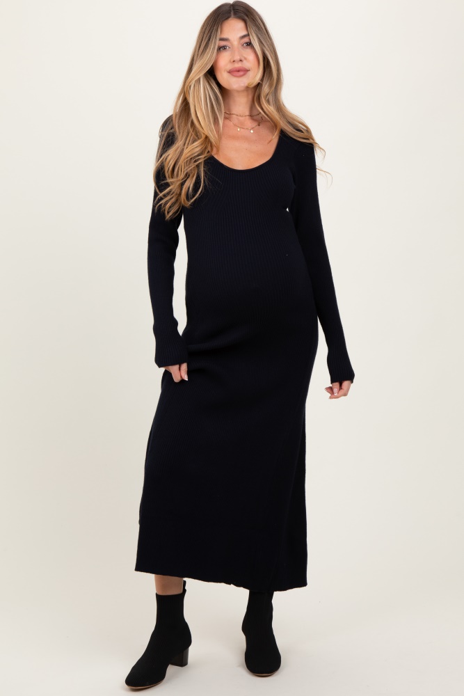 black ribbed knit maternity maxi sweater dress