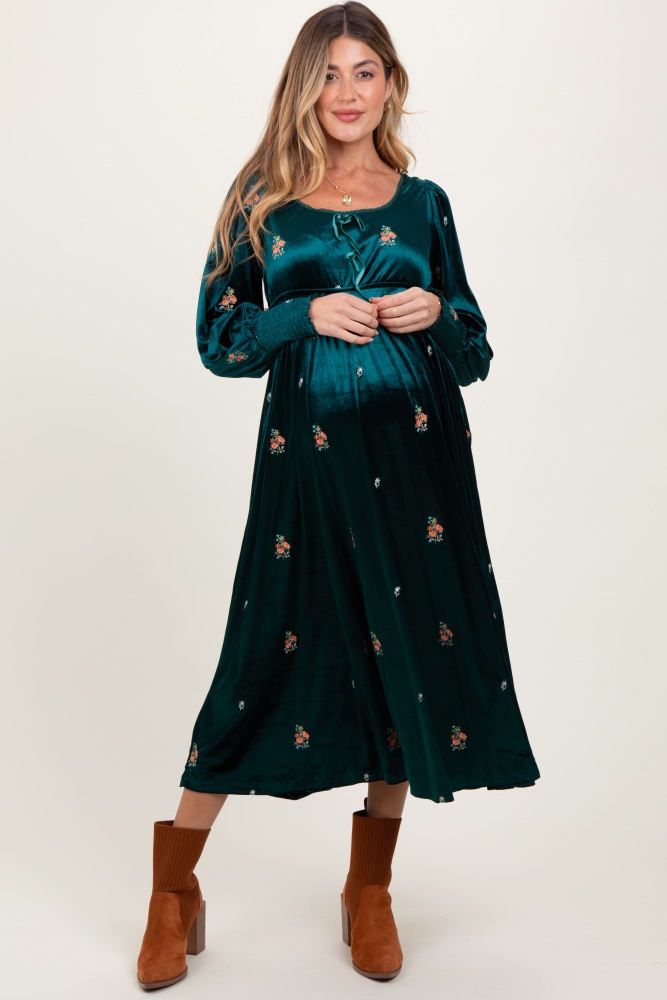 deep teal velvet embroidered floral maternity midi dress