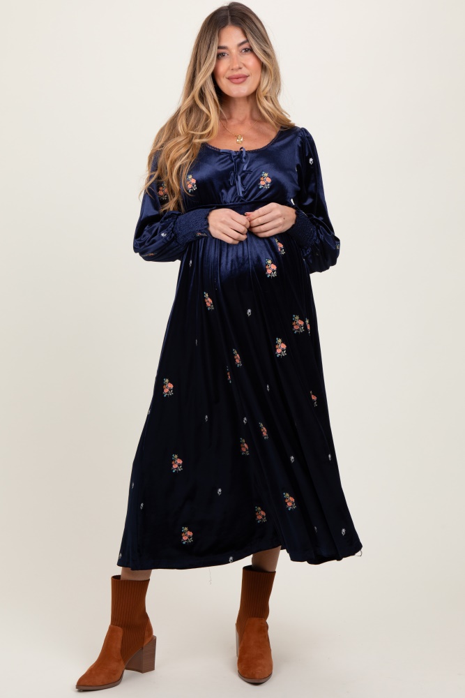 navy velvet embroidered floral maternity midi dress