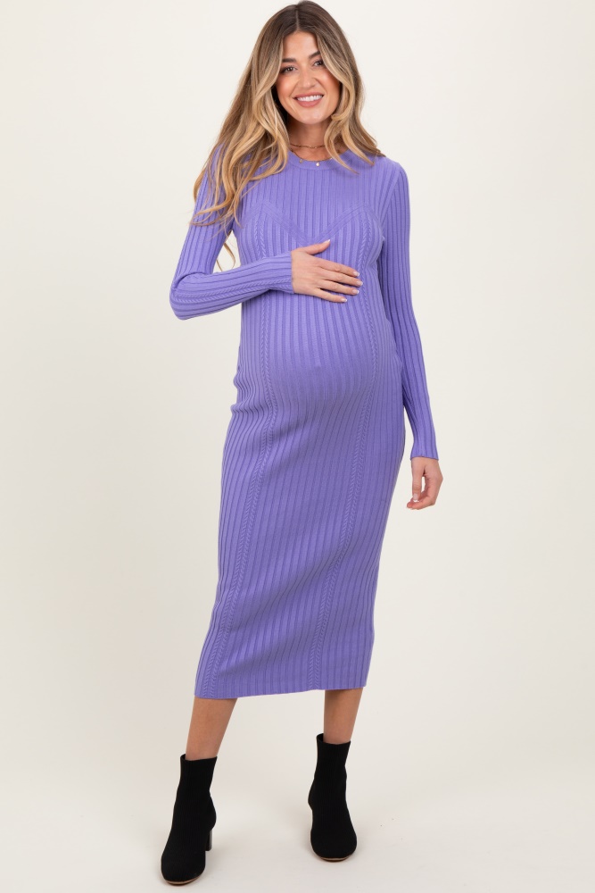 lavender contrast ribbed knit maternity midi dress