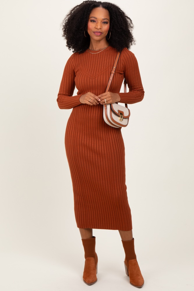 rust contrast ribbed knit midi dress