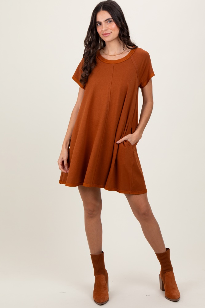 rust french terry basic short sleeve mini dress